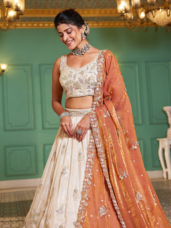 Orange Elegant Cream Viscose Semi-Stitched Lehenga Choli Set with Heavy Sequins & Thread Embroidery Work ClothsVilla