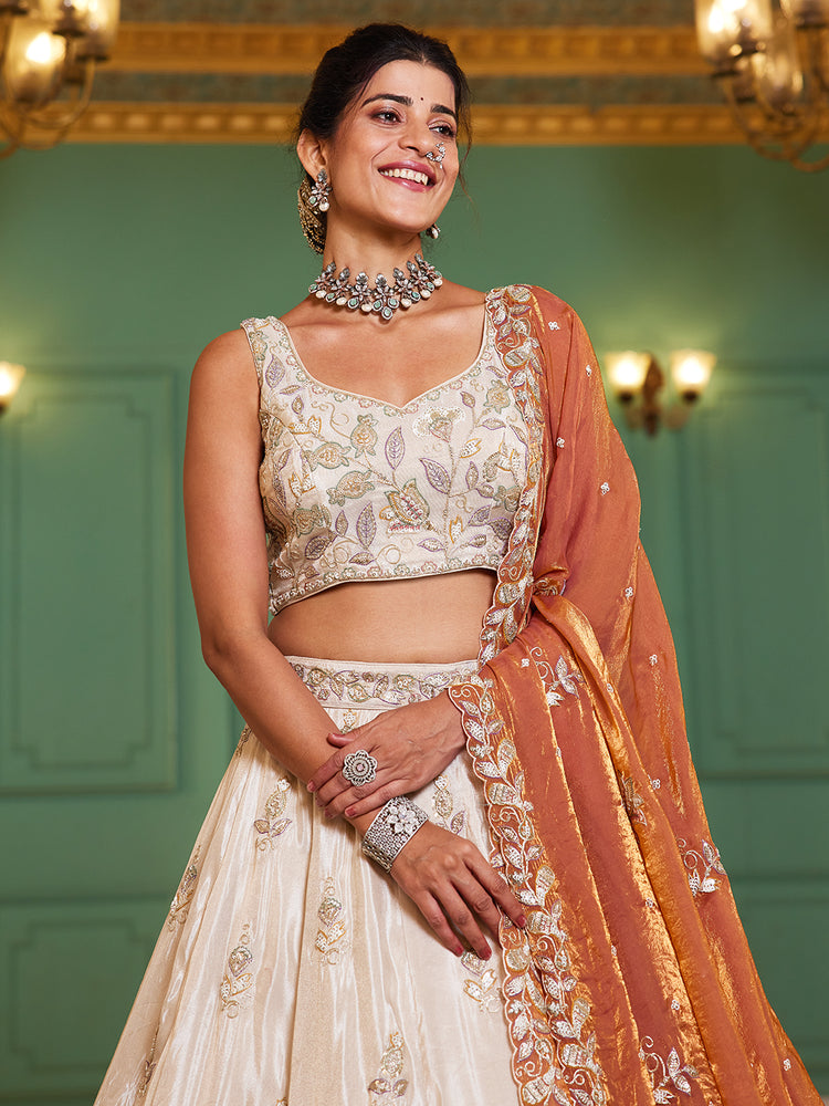 Orange Elegant Cream Viscose Semi-Stitched Lehenga Choli Set with Heavy Sequins & Thread Embroidery Work ClothsVilla