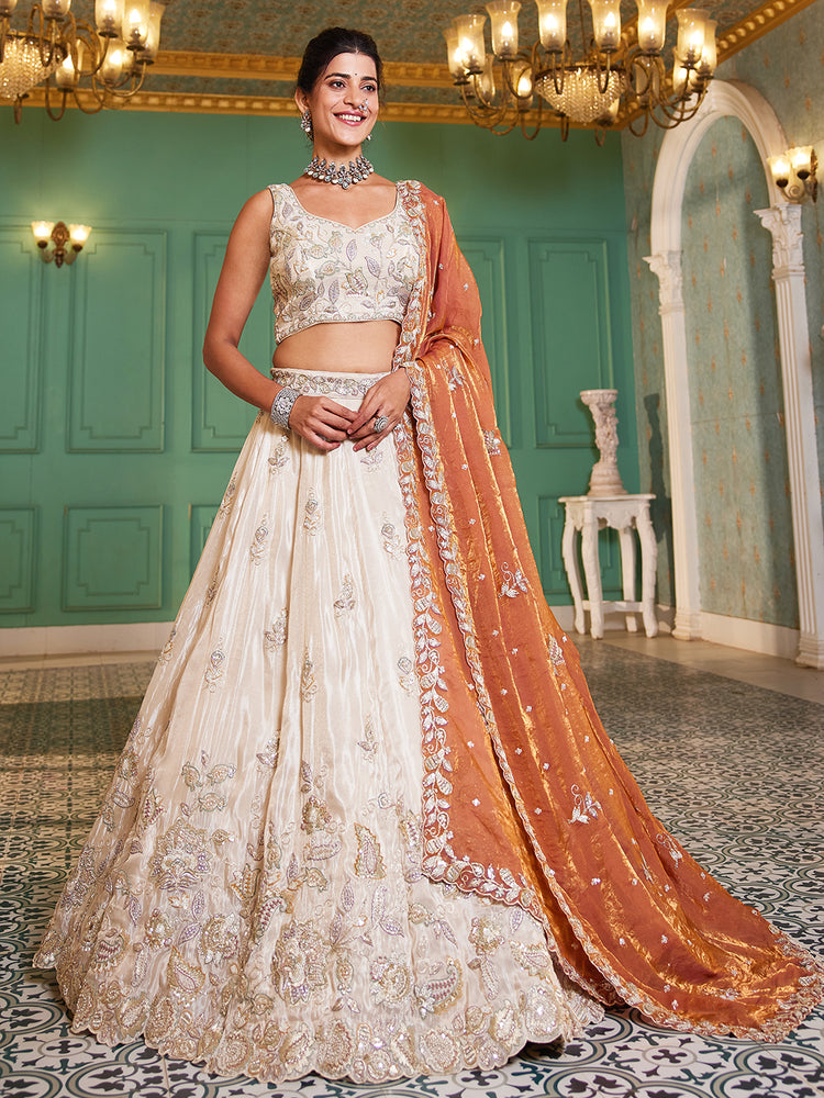 Orange Elegant Cream Viscose Semi-Stitched Lehenga Choli Set with Heavy Sequins & Thread Embroidery Work ClothsVilla