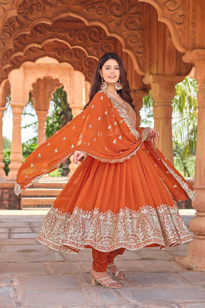 Orange Elegant Embroidered Faux Georgette Gown Set with Dupatta & Chudidar – Fully Stitched Ensemble with 5mm Sequins Work & Tassel Sleeves ClothsVilla