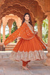 Load image into Gallery viewer, Orange Elegant Embroidered Faux Georgette Gown Set with Dupatta &amp; Chudidar – Fully Stitched Ensemble with 5mm Sequins Work &amp; Tassel Sleeves ClothsVilla