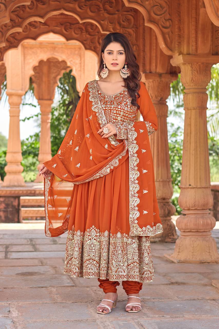 Orange Elegant Embroidered Faux Georgette Gown Set with Dupatta & Chudidar – Fully Stitched Ensemble with 5mm Sequins Work & Tassel Sleeves ClothsVilla