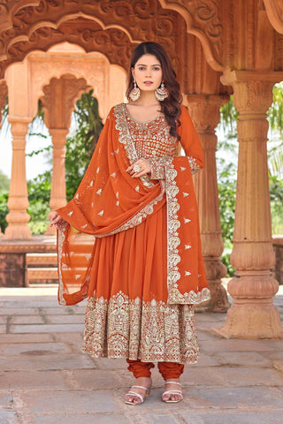 Orange Elegant Embroidered Faux Georgette Gown Set with Dupatta & Chudidar – Fully Stitched Ensemble with 5mm Sequins Work & Tassel Sleeves ClothsVilla