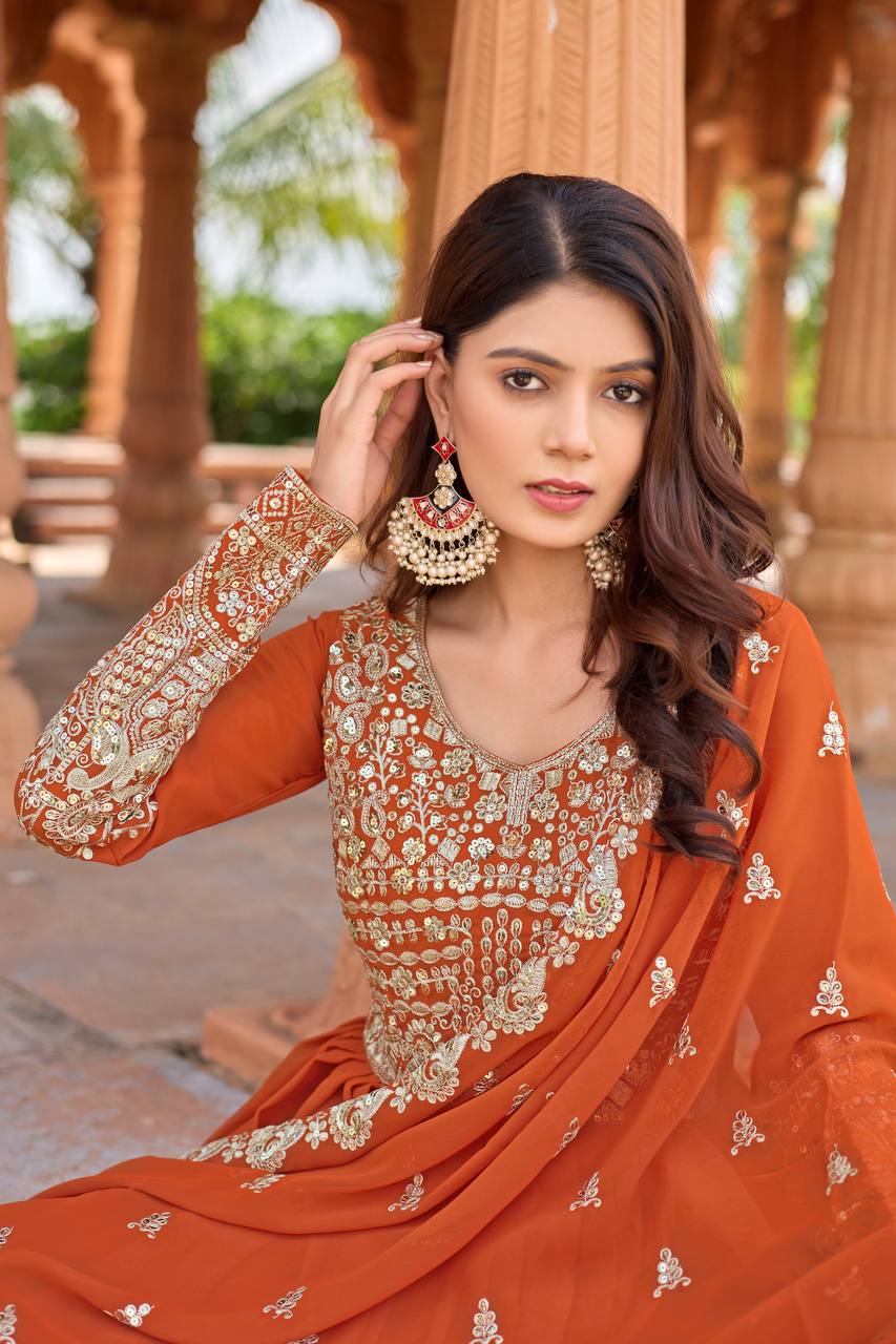 Orange Elegant Embroidered Faux Georgette Gown Set with Dupatta & Chudidar – Fully Stitched Ensemble with 5mm Sequins Work & Tassel Sleeves ClothsVilla