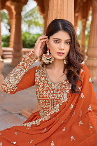 Orange Elegant Embroidered Faux Georgette Gown Set with Dupatta & Chudidar – Fully Stitched Ensemble with 5mm Sequins Work & Tassel Sleeves ClothsVilla