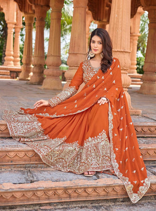 Orange Elegant Embroidered Faux Georgette Gown Set with Dupatta & Chudidar – Fully Stitched Ensemble with 5mm Sequins Work & Tassel Sleeves ClothsVilla