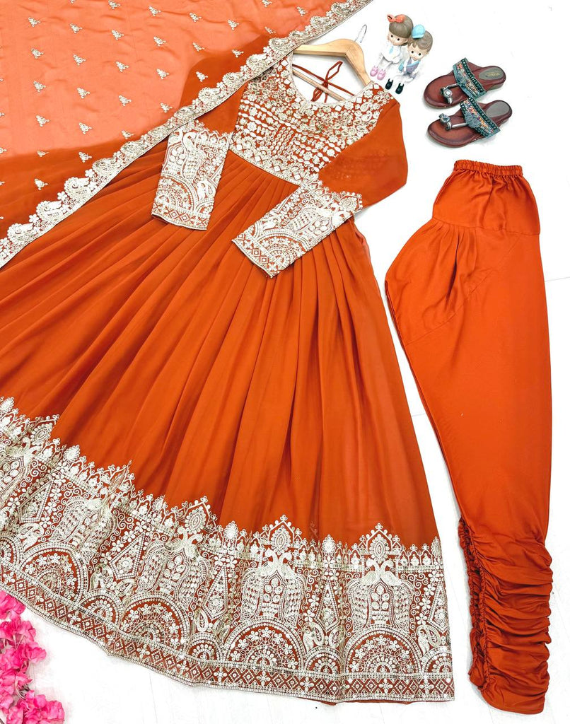 Orange Elegant Embroidered Faux Georgette Gown Set with Dupatta & Chudidar – Fully Stitched Ensemble with 5mm Sequins Work & Tassel Sleeves ClothsVilla