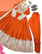 Load image into Gallery viewer, Orange Elegant Embroidered Faux Georgette Gown Set with Dupatta &amp; Chudidar – Fully Stitched Ensemble with 5mm Sequins Work &amp; Tassel Sleeves ClothsVilla