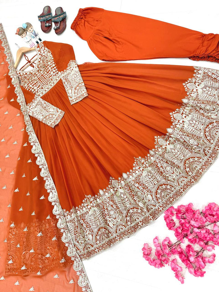 Orange Elegant Embroidered Faux Georgette Gown Set with Dupatta & Chudidar – Fully Stitched Ensemble with 5mm Sequins Work & Tassel Sleeves ClothsVilla