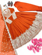 Load image into Gallery viewer, Orange Elegant Embroidered Faux Georgette Gown Set with Dupatta &amp; Chudidar – Fully Stitched Ensemble with 5mm Sequins Work &amp; Tassel Sleeves ClothsVilla