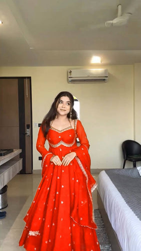 Orange Elegant Faux Georgette Anarkali Set with Thread & Sequin Work, Paired with Comfortable Pant & Lace-Detailed Dupatta ClothsVilla