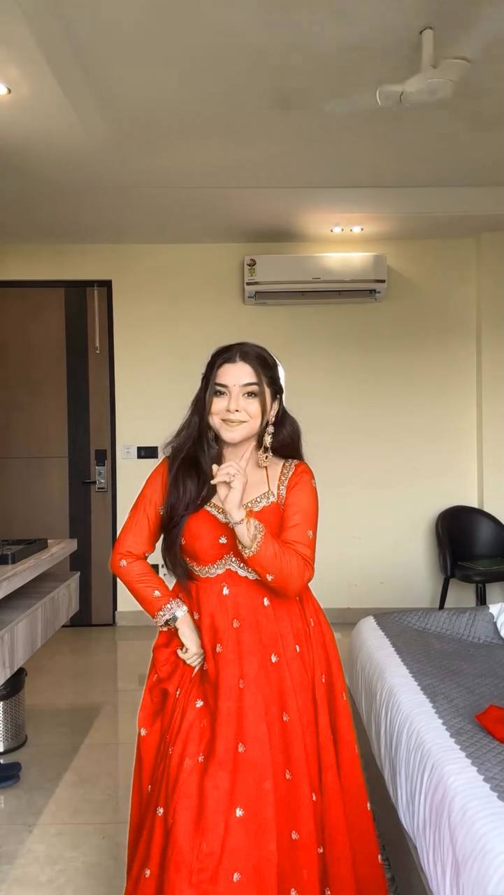 Orange Elegant Faux Georgette Anarkali Set with Thread & Sequin Work, Paired with Comfortable Pant & Lace-Detailed Dupatta ClothsVilla