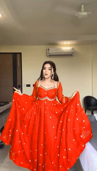 Orange Elegant Faux Georgette Anarkali Set with Thread & Sequin Work, Paired with Comfortable Pant & Lace-Detailed Dupatta ClothsVilla