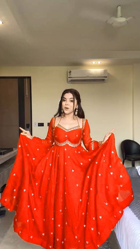 Orange Elegant Faux Georgette Anarkali Set with Thread & Sequin Work, Paired with Comfortable Pant & Lace-Detailed Dupatta ClothsVilla