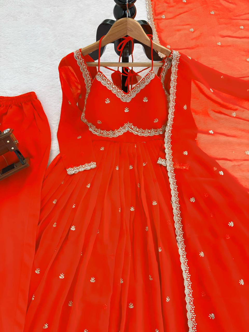 Orange Elegant Faux Georgette Anarkali Set with Thread & Sequin Work, Paired with Comfortable Pant & Lace-Detailed Dupatta ClothsVilla