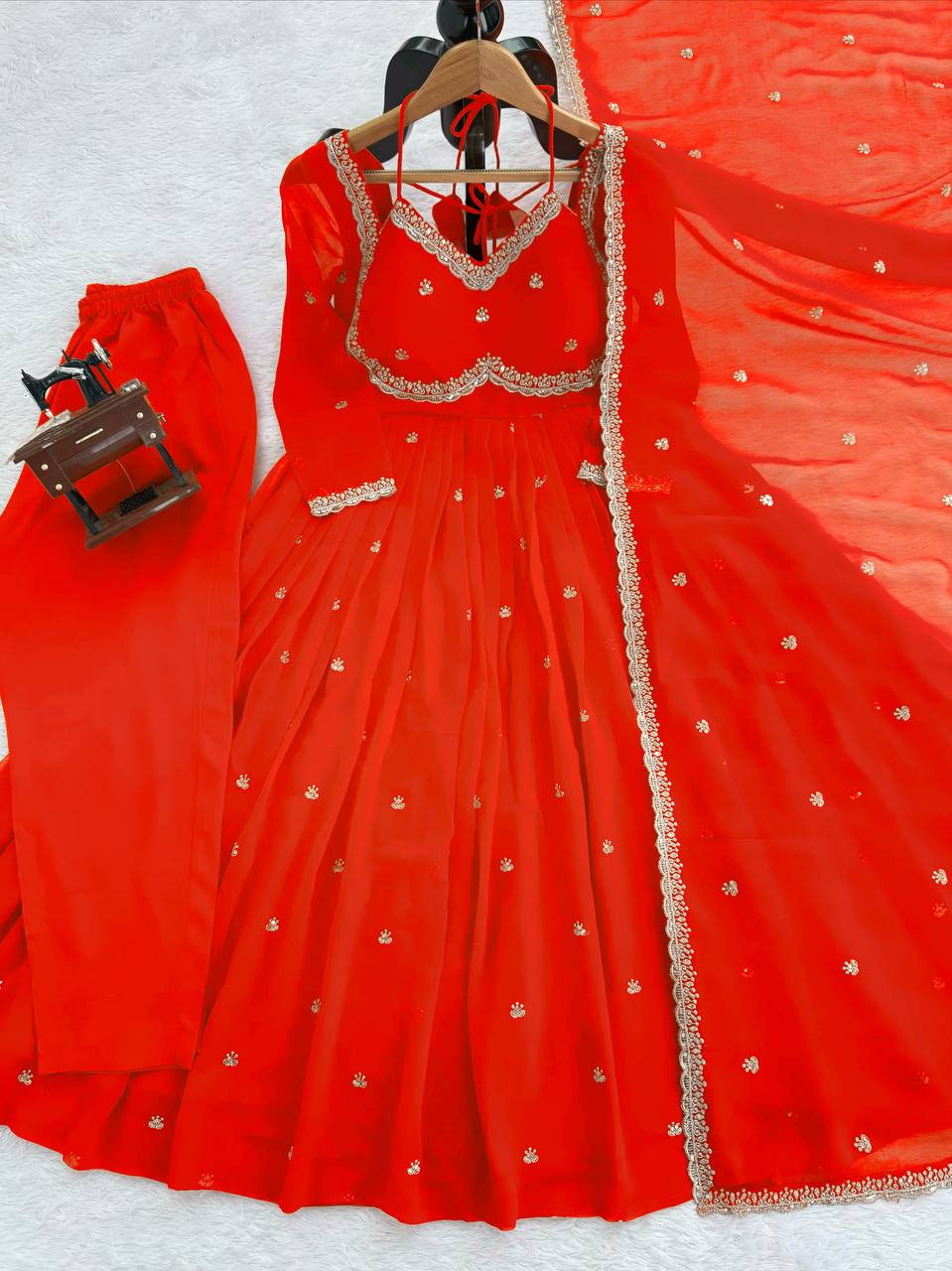 Orange Elegant Faux Georgette Anarkali Set with Thread & Sequin Work, Paired with Comfortable Pant & Lace-Detailed Dupatta ClothsVilla