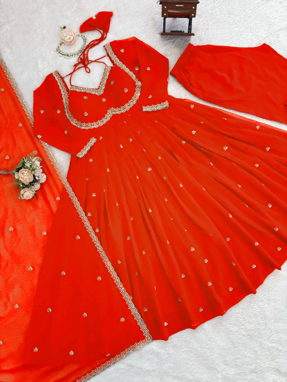 Orange Elegant Faux Georgette Anarkali Set with Thread & Sequin Work, Paired with Comfortable Pant & Lace-Detailed Dupatta ClothsVilla