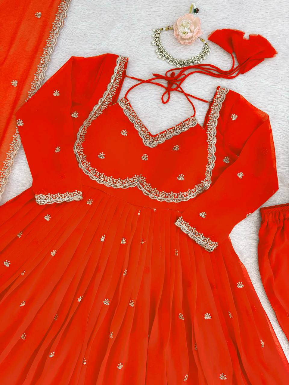 Orange Elegant Faux Georgette Anarkali Set with Thread & Sequin Work, Paired with Comfortable Pant & Lace-Detailed Dupatta ClothsVilla