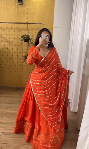Orange Elegant Faux Georgette Lehenga Choli Set with Thread & Sequin Work ClothsVilla