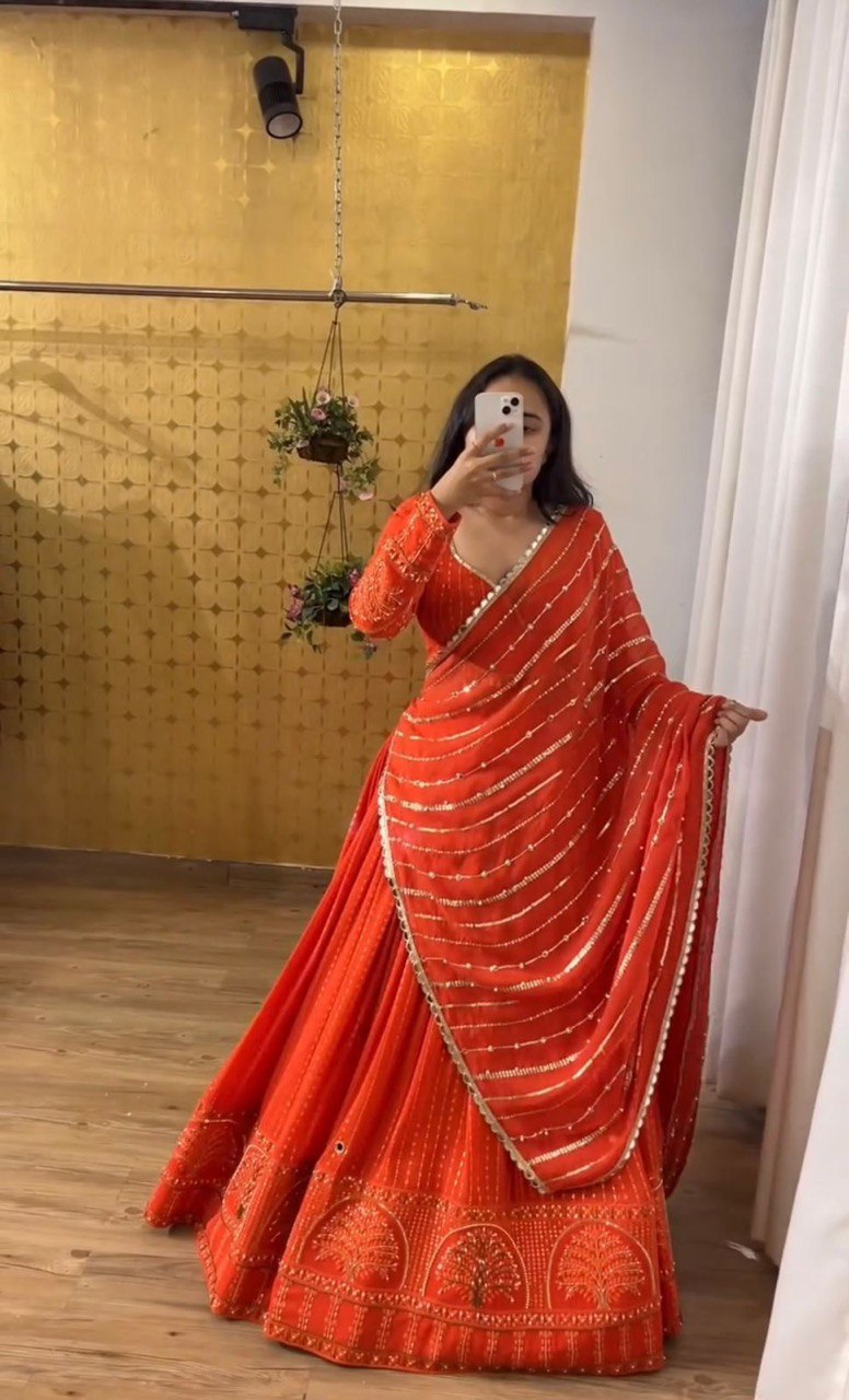 Orange Elegant Faux Georgette Lehenga Choli Set with Thread & Sequin Work ClothsVilla