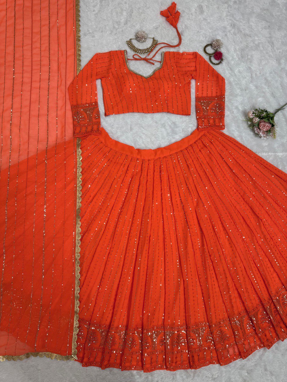 Orange Elegant Faux Georgette Lehenga Choli Set with Thread & Sequin Work ClothsVilla