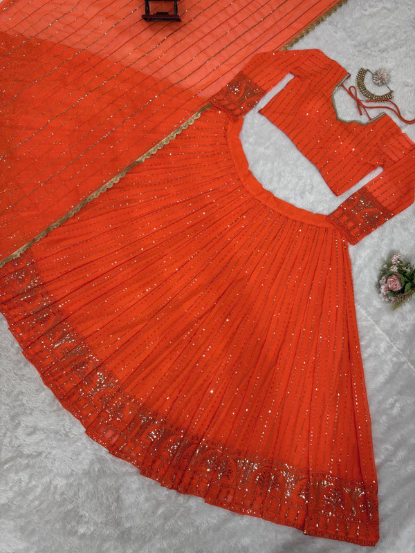 Orange Elegant Faux Georgette Lehenga Choli Set with Thread & Sequin Work ClothsVilla