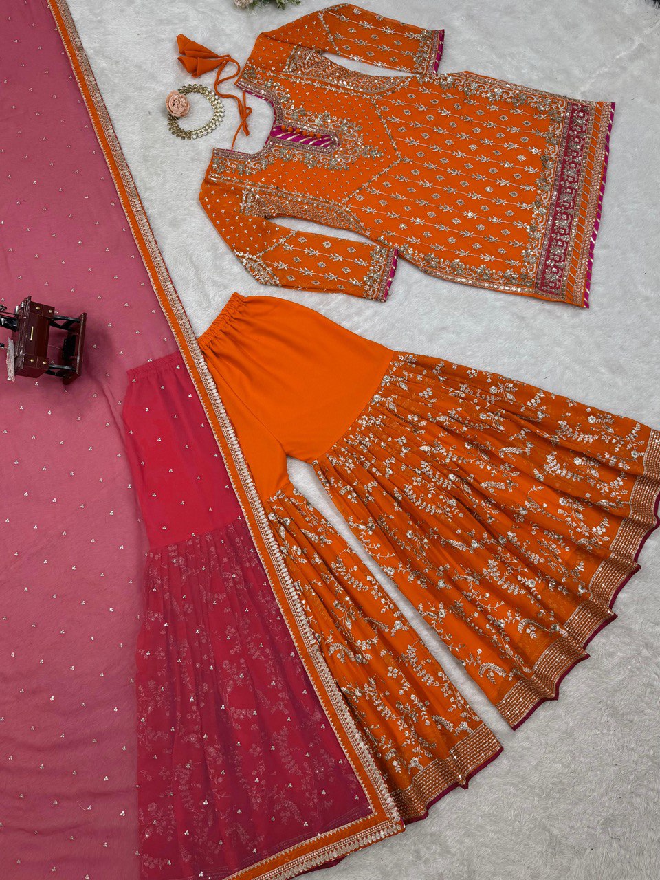 Orange Elegant Faux Georgette Sharara Set with Dupatta ClothsVilla