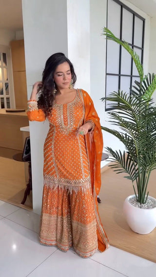 Orange Elegant Faux Georgette Sharara Set with Dupatta ClothsVilla