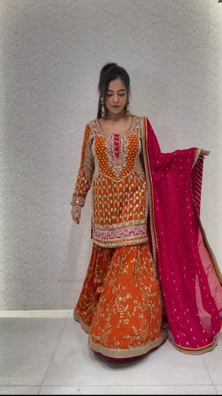 Orange Elegant Faux Georgette Sharara Set with Dupatta ClothsVilla