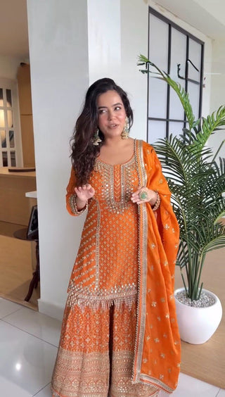 Orange Elegant Faux Georgette Sharara Set with Dupatta ClothsVilla