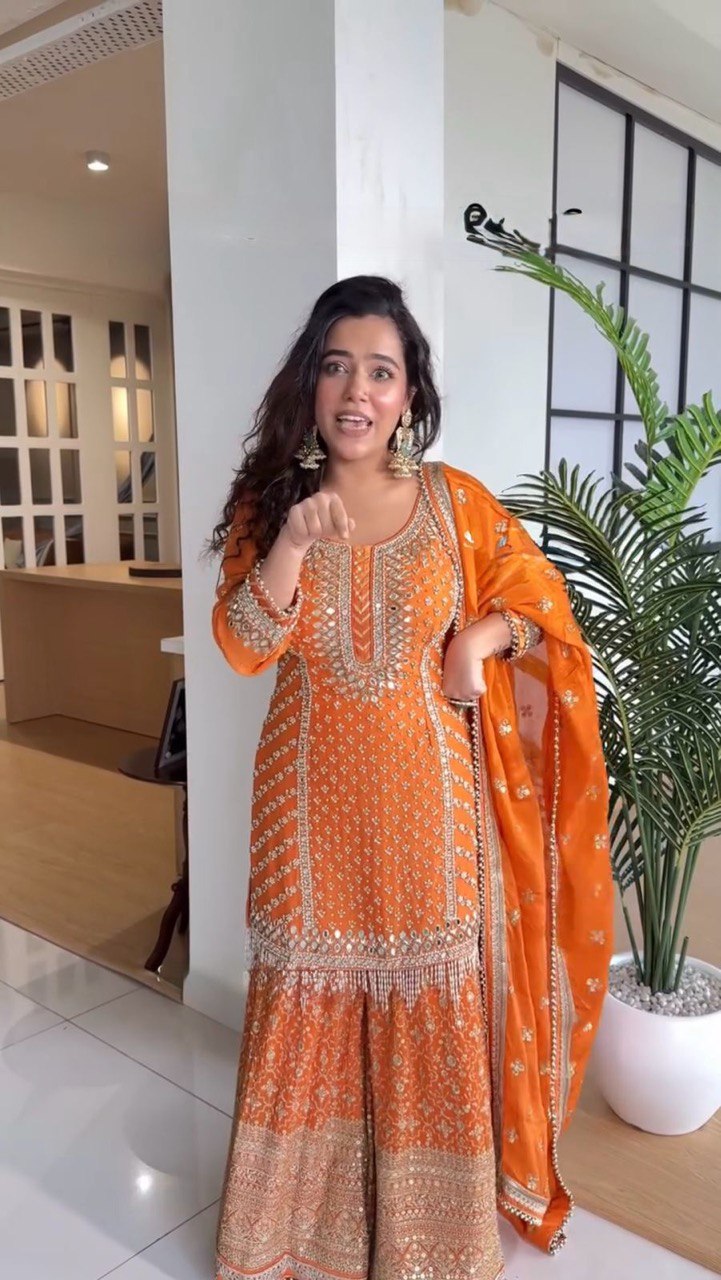 Orange Elegant Faux Georgette Sharara Set with Dupatta ClothsVilla