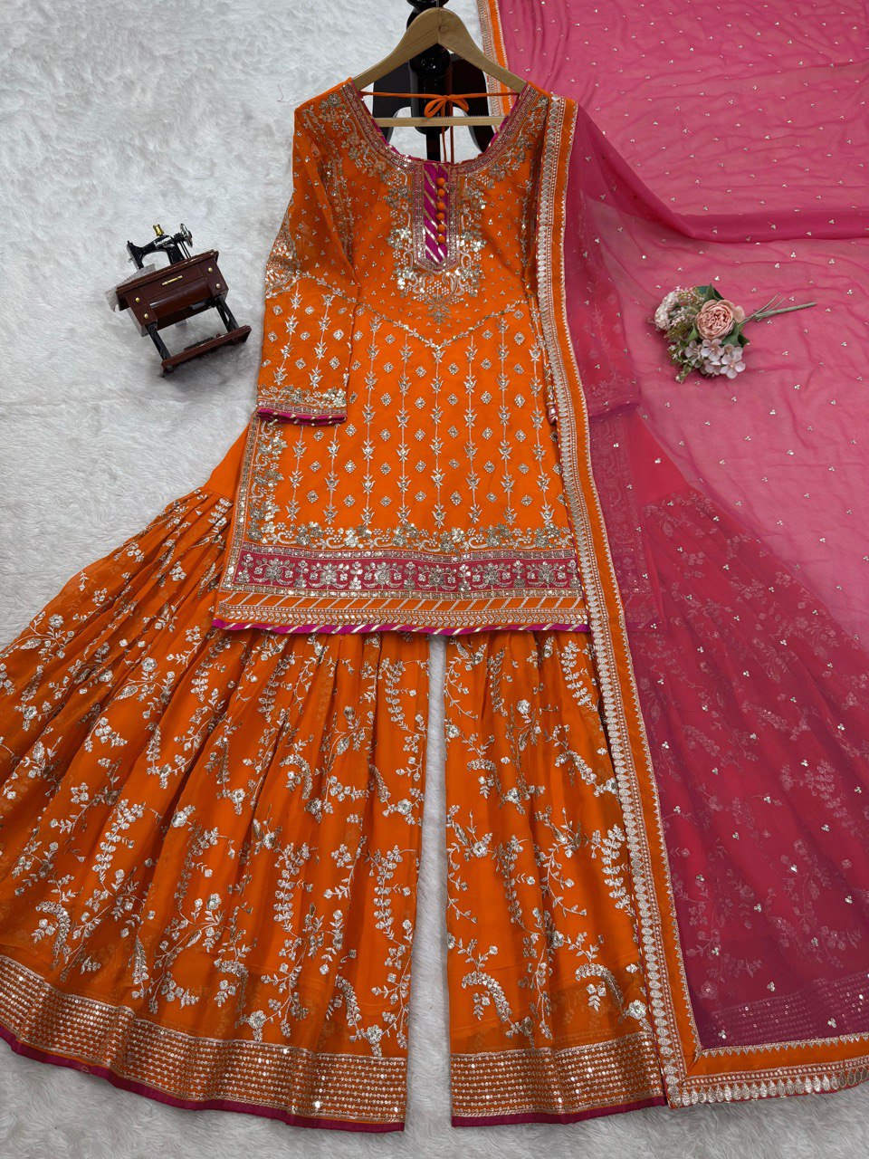 Orange Elegant Faux Georgette Sharara Set with Dupatta ClothsVilla