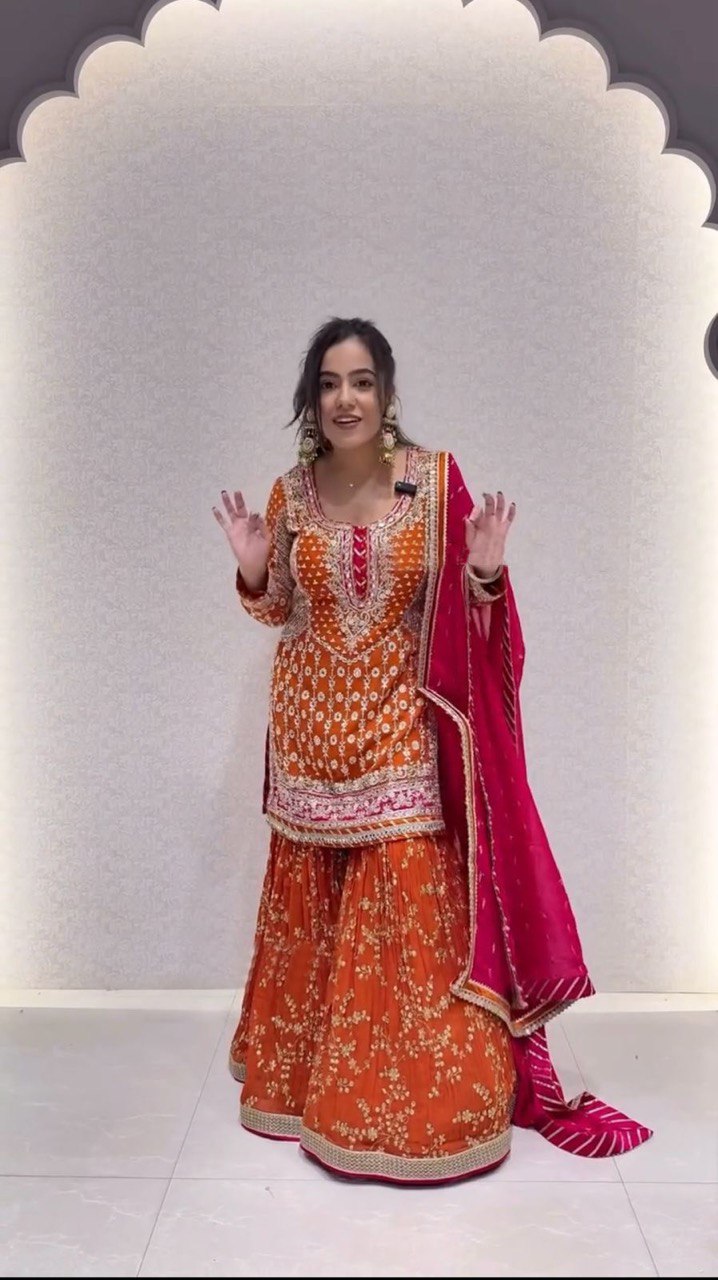 Orange Elegant Faux Georgette Sharara Set with Dupatta ClothsVilla