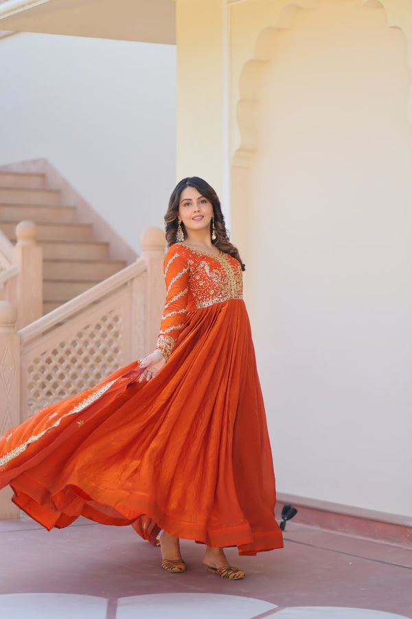 Orange Elegant Fendy Fabric Embroidered Gown with Dupatta Set ClothsVilla