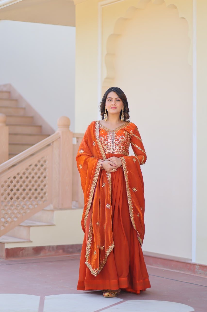 Orange Elegant Fendy Fabric Embroidered Gown with Dupatta Set ClothsVilla Main image