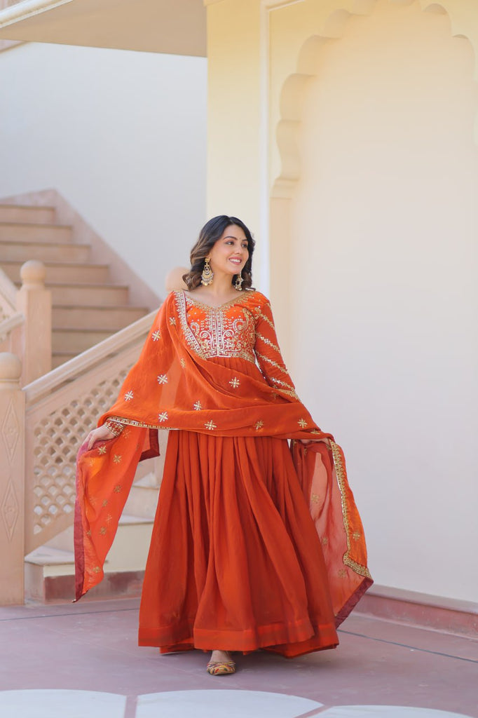Orange Elegant Fendy Fabric Embroidered Gown with Dupatta Set ClothsVilla