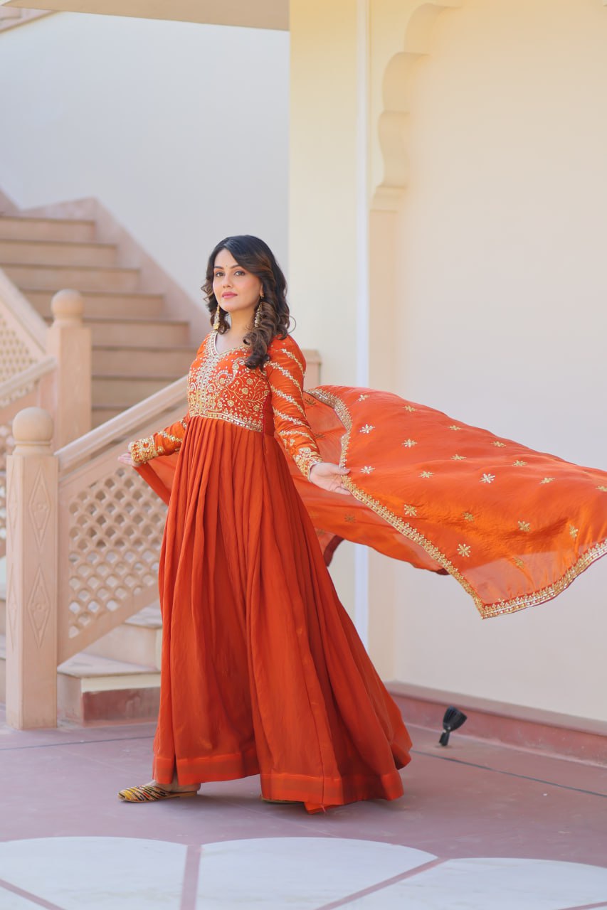 Orange Elegant Fendy Fabric Embroidered Gown with Dupatta Set ClothsVilla