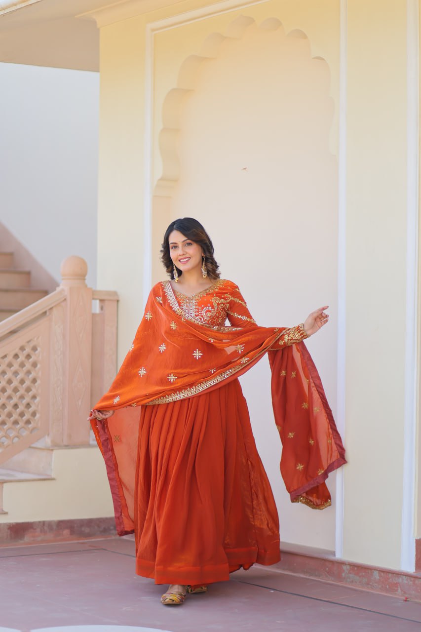 Orange Elegant Fendy Fabric Embroidered Gown with Dupatta Set ClothsVilla