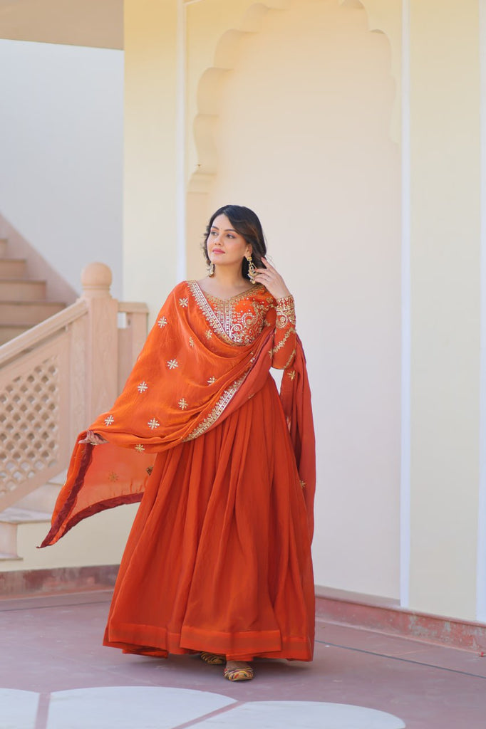 Orange Elegant Fendy Fabric Embroidered Gown with Dupatta Set ClothsVilla