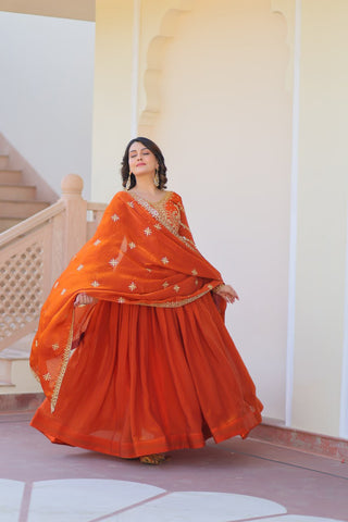 Orange Elegant Fendy Fabric Embroidered Gown with Dupatta Set ClothsVilla