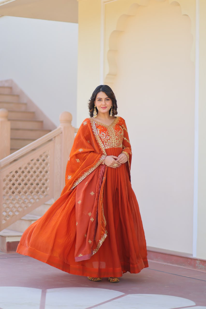 Orange Elegant Fendy Fabric Embroidered Gown with Dupatta Set ClothsVilla