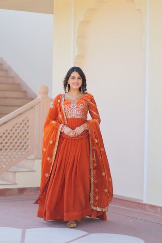 Orange Elegant Fendy Fabric Embroidered Gown with Dupatta Set ClothsVilla