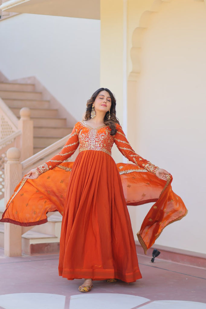 Orange Elegant Fendy Fabric Embroidered Gown with Dupatta Set ClothsVilla