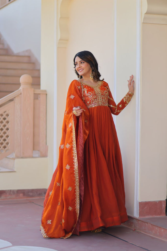 Orange Elegant Fendy Fabric Embroidered Gown with Dupatta Set ClothsVilla