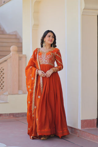 Orange Elegant Fendy Fabric Embroidered Gown with Dupatta Set ClothsVilla