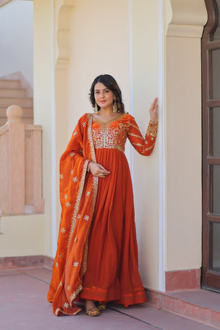 Orange Elegant Fendy Fabric Embroidered Gown with Dupatta Set ClothsVilla