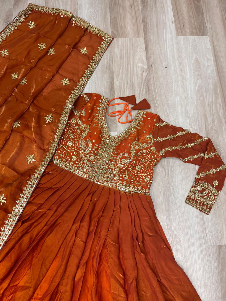 Orange Elegant Fendy Fabric Embroidered Gown with Dupatta Set ClothsVilla