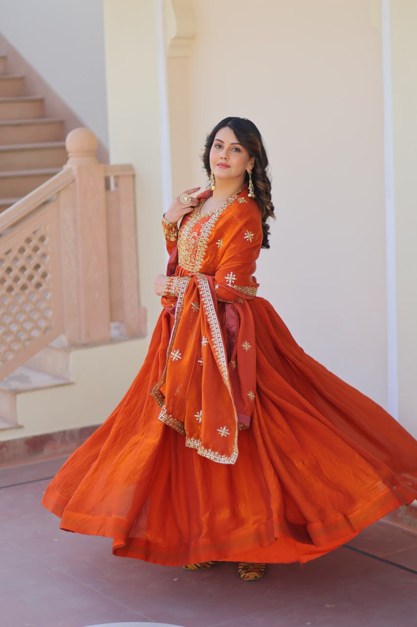 Orange Elegant Fendy Fabric Embroidered Gown with Dupatta Set ClothsVilla