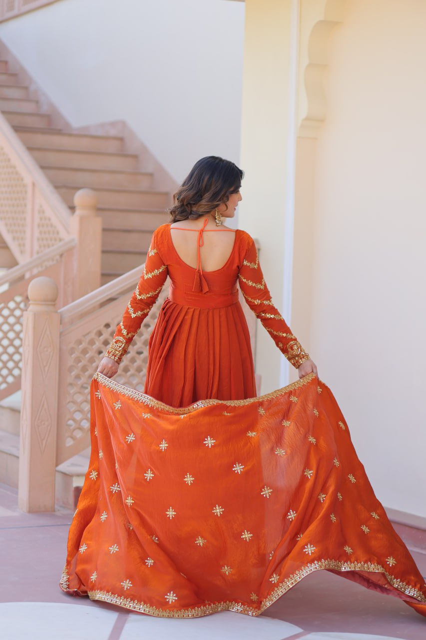 Orange Elegant Fendy Fabric Embroidered Gown with Dupatta Set ClothsVilla