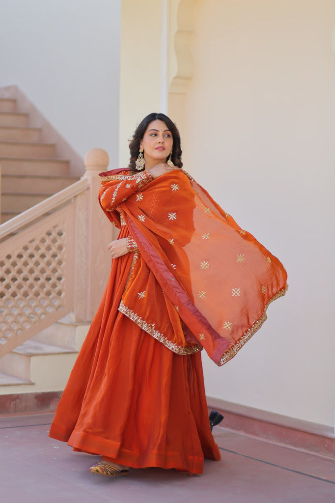 Orange Elegant Fendy Fabric Embroidered Gown with Dupatta Set ClothsVilla